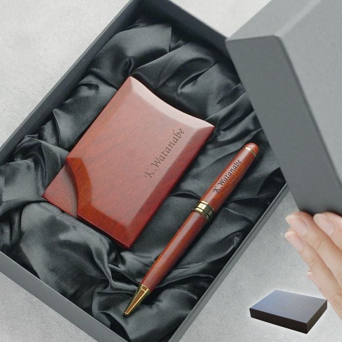 名入れ木製ボールペン&落ちない木製名刺入れギフトセットローズウッド