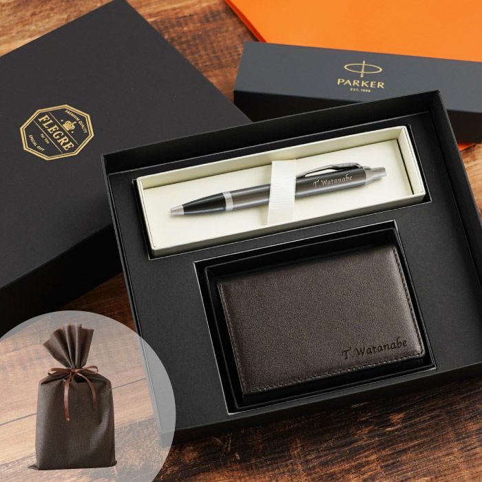 6つ盛りギフトセット 銀付き本革名刺入れ＆PARKER IMCTボールペン