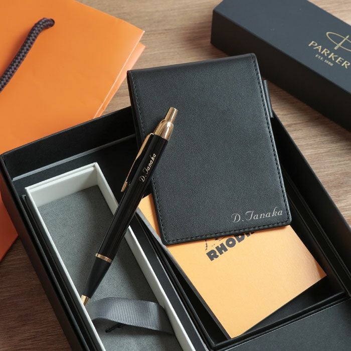 名入れPARKERIMボールペン&本革メモカバー&RHODIAメモ帳セット｜ギフト