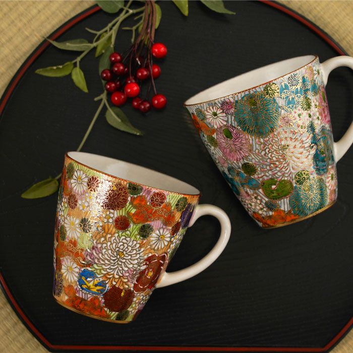 名入れ 九谷焼「総柄」金花詰マグカップペア｜ギフトショップ「FLEGRE