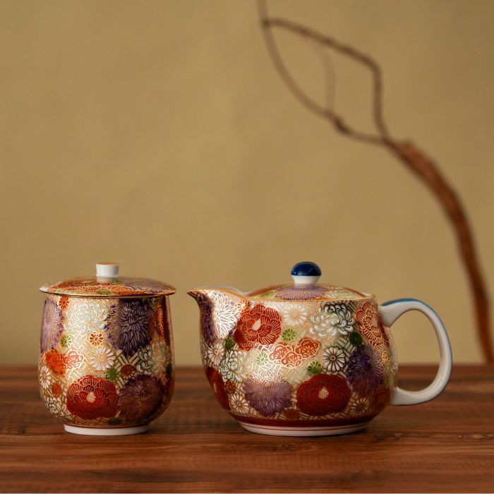 名入れ 九谷焼「総柄」金花詰め 蓋付湯呑み＆急須セット｜ギフト