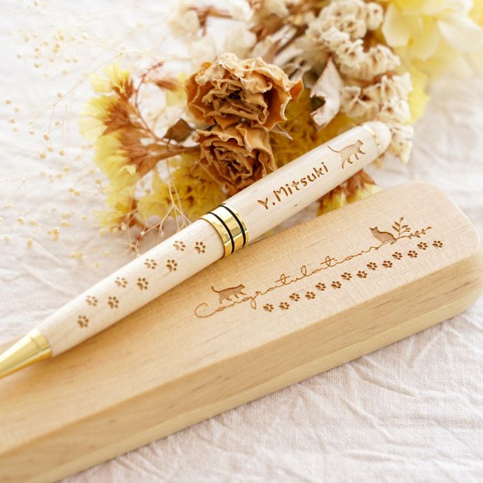 名入れ（猫Ver.）木製ボールペン＆ペンケース2点セット｜ギフト