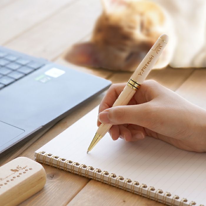 名入れ（猫Ver.）木製ボールペン＆ペンケース2点セット｜ギフト