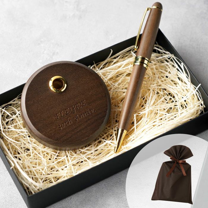 【オーダー品】立掛け型ペン置き (10本用) +螺鈿カスタム定規 名入れ 木製ペンスタンドセット 丸形｜ギフトショップ「FLEGRE